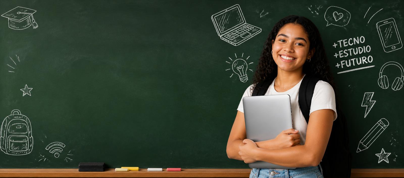 Estudiante con laptop frente a una pizarra verde